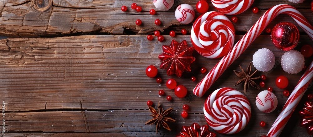 Poster Assorted candies like lollipops and candy canes displayed on a wooden backdrop with copy space image.