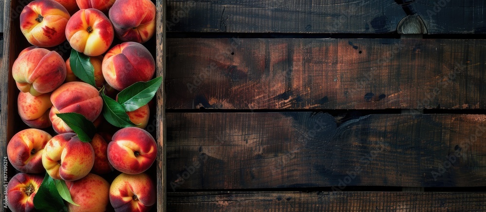 Poster ripe organic peaches piled on a wooden tray background with top view and close-up shot, emphasizing 