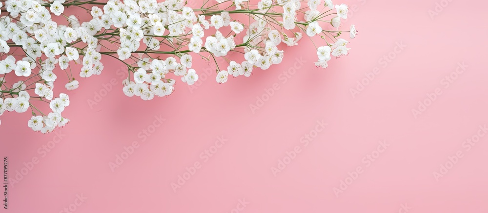 Fototapete Gypsophila flowers displayed on a soft-colored backdrop with a flat lay composition and top view perspective, providing an empty space for additional images or text.