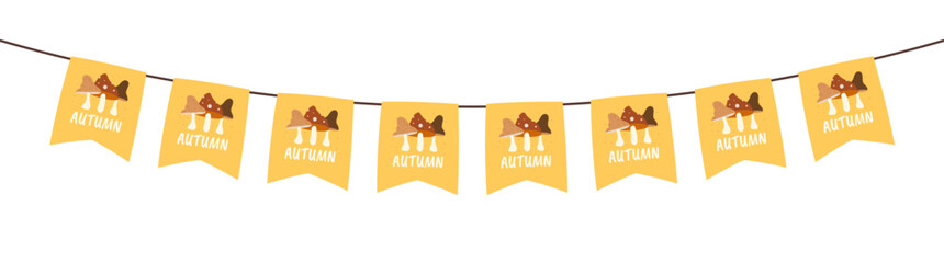 Flags with motifs of pumpkins, mushrooms, acorns, and, maple leaves for autumn decoration on transparent background. Flag decoration for thanksgiving day.