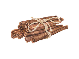Pile of aromatic cinnamon sticks tied with jute rope. Natural brown spice for adding to food and drinks, for home decor. Watercolor illustration isolated on white. Ingredient for cooking winter recipe