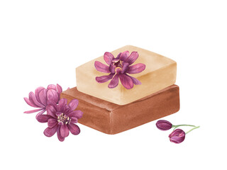 Natural handmade soap bars adorned with aromatic purple flowers. Aromatherapy, botanical essences. For pampering bath. Watercolor illustration isolated on white. For promoting spa and beauty product