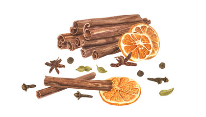 Heap of aromatic winter spices for making drinks and baking. Cinnamon sticks, dried orange slices, cardamom, anise, allspice and cloves. Watercolor illustration isolated on white. For advertising