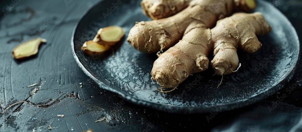 Poster a sprouted ginger root placed on a black plate with copy space image.