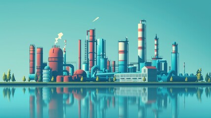 Obraz premium 3D illustration of an industrial factory complex with various structures and chimneys reflecting on a calm water surface under a clear sky.