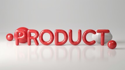 "Product" text in red glossy balloon letters on a white background. Studio typography photograph. Design for poster, wallpaper, banner. Flat lay composition. Banner with copy space