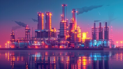 Obraz premium Beautifully illuminated industrial factory at dusk, reflecting in water. A stunning example of modern industrial architecture and technology.