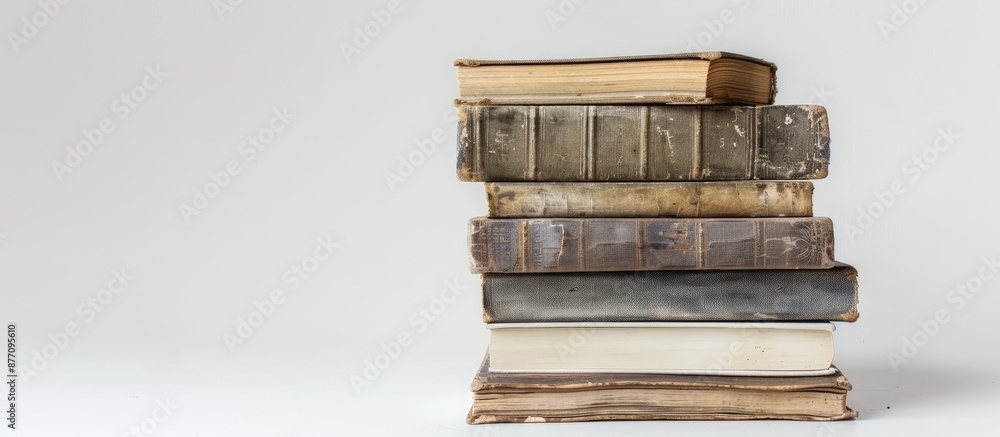 Poster a close-up front view of seven stacked old shabby books on a white background with copy space image.