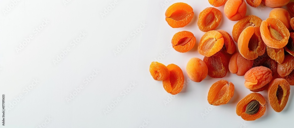 Poster Top-down view of rich dark dried apricots on a white backdrop with copy space image.