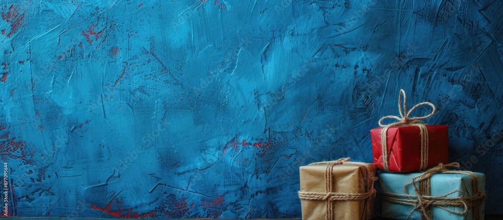 Poster blue textured wall with wrapped presents and biker's twine on a postcard. ideal for text placement.