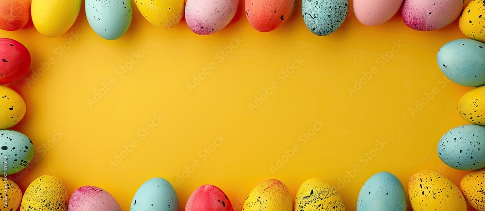 Aufkleber Easter theme with colorful eggs arranged in two rows on a yellow background. Horizontal frame for a banner with a flat layout featuring ample copy space image to add text.