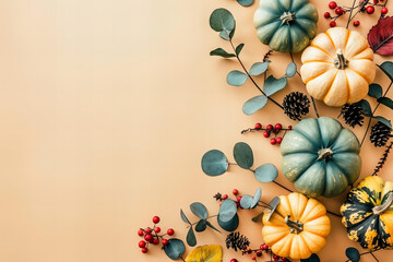 Vibrant Autumn Background with Copy Space Featuring Pumpkins and Leaves for Seasonal Design Projects