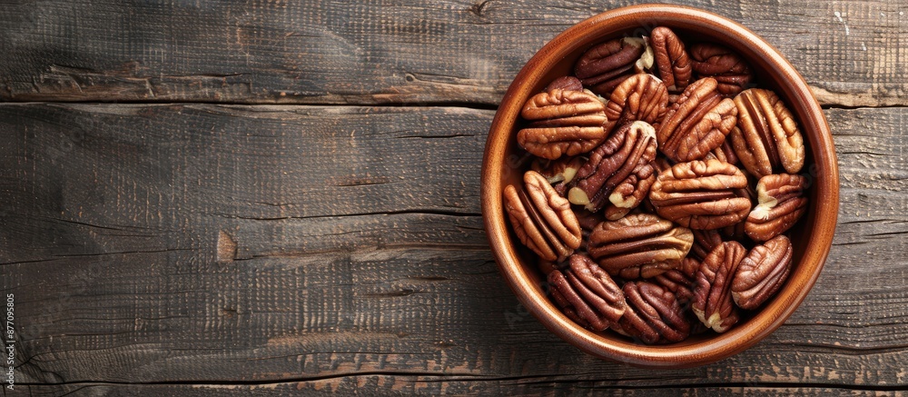 Poster top view of a dish with shelled pecan nuts on a wooden surface, with room for text in the image.