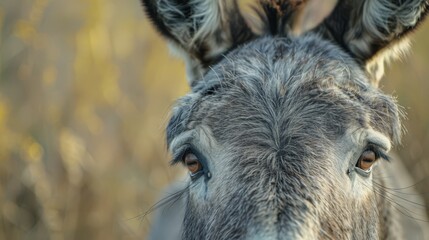 Fototapeta premium A tight shot of a donkey's head against a softly blurred backdrop of grass and trees