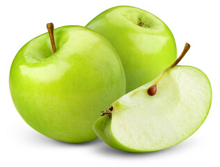 Green apple isolated png. Whole apples and a slice on transparent background. PNG format. Green apples with no background. Full depth of field.