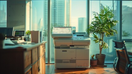 Modern Office Interior with Printer and City View
