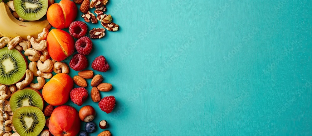 Aufkleber Raw nuts and fruits arranged in a row isolated on a vibrant background with copy space image available.