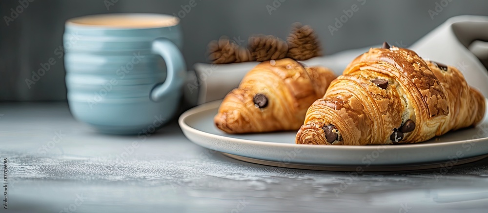 Fototapete a croissant and a cookie are displayed on a plate on the table with a copy space image available.