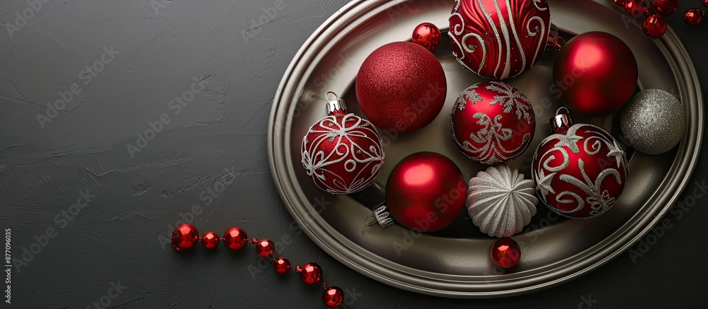 Poster christmas-themed objects displayed on a silver plate with copy space image.