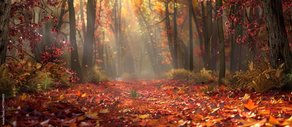Fototapete a picturesque autumn scene with colorful leaves adorned the forest ground, creating an enchanting ba