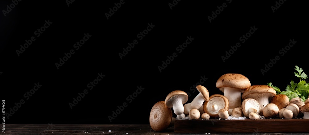 Poster rustic-style setup featuring fresh champignon mushrooms on a wooden board against a black background