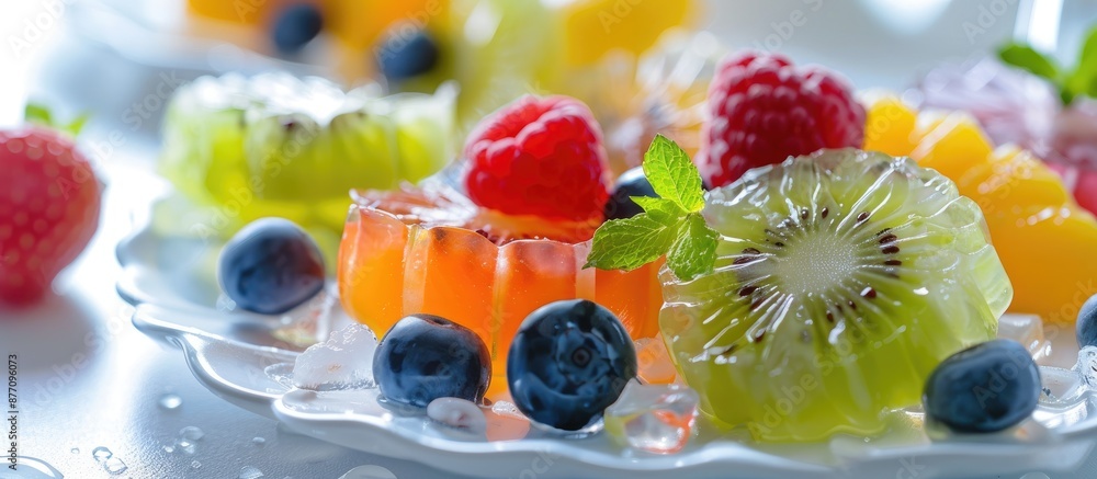 Poster Transparent round fruit jelly set on a white surface with a clear area for adding images or text, known as a copy space image.