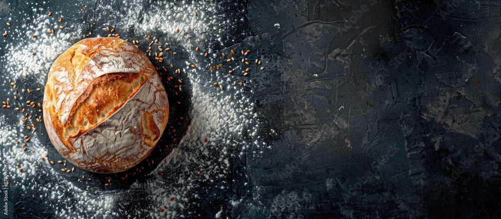 Poster copy space image featuring homemade whole grain sourdough bread against a dark backdrop in a close-u