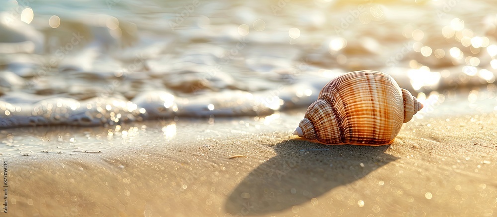 Poster seashell resting on sandy beach with room for copy space image.