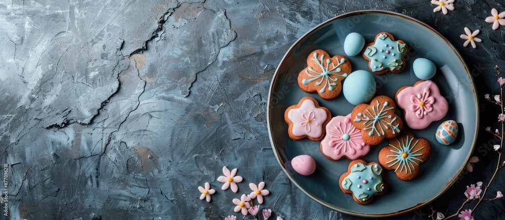 Poster Easter cookies on a plate set against a textured background with room for text in the image.