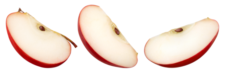 Apple slice isolated png. Red apple piece collection on transparent background. PNG format. Red apple slice set with no background. Full depth of field.