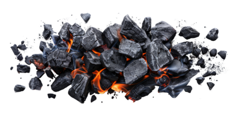 A close-up top view of glowing charcoal briquettes burning on a white background