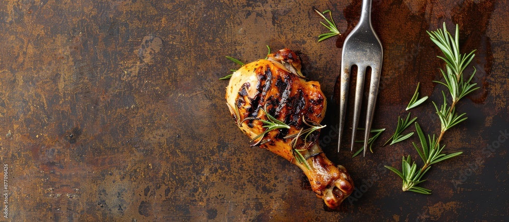 Poster grilled chicken leg on a fork with rosemary on a brown backdrop, featuring a copy space image.