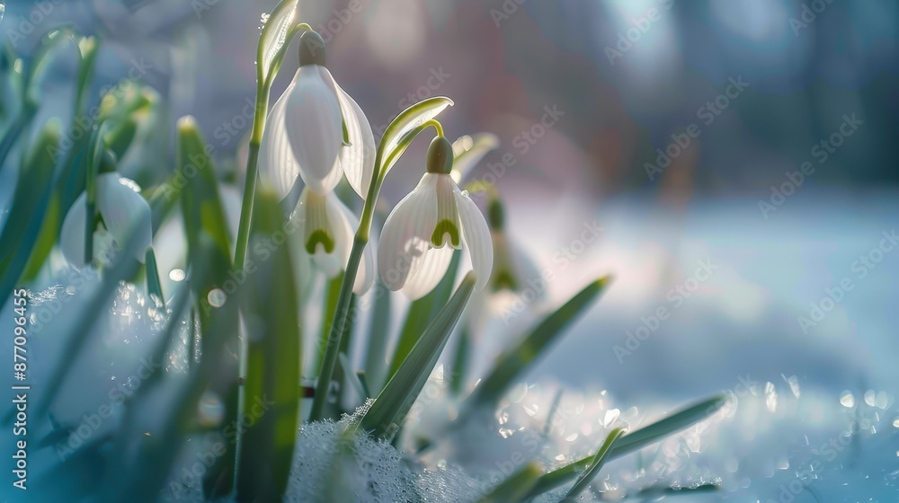 Poster A close-up view of snowdrops emerging through the snow, illuminated by soft sunlight, creating a beautiful contrast between the delicate flowers and the cold, snowy background.