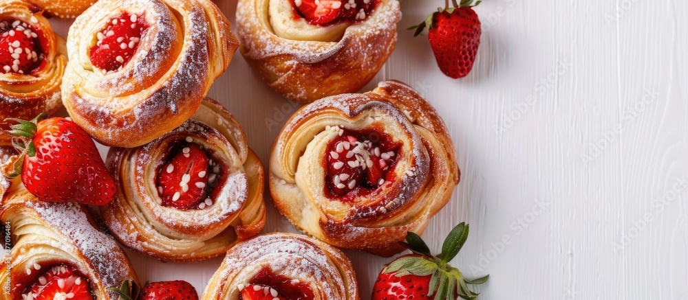 Poster Strawberry bread rolls arranged in a heap with a white backdrop providing space for images.