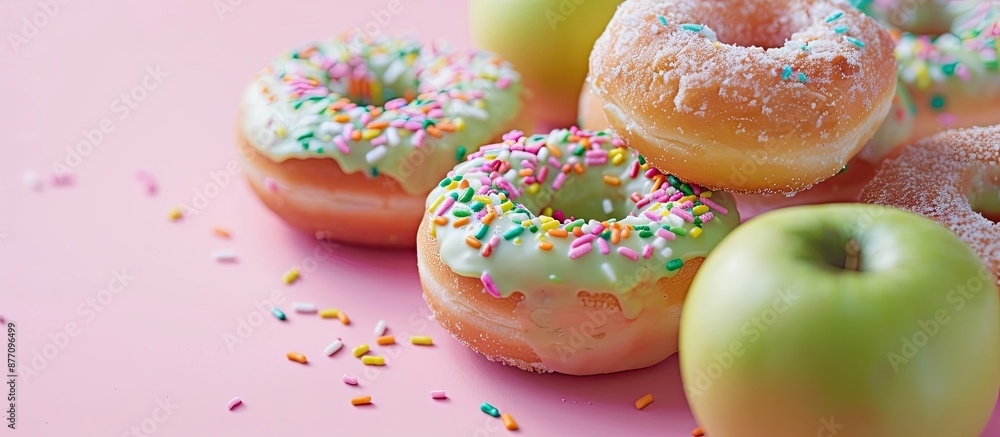 Poster Close-up image of delicious donuts and a crisp green apple on a pink backdrop hinting at healthy eating, with ample copy space image.
