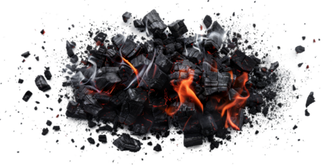 A pile of burning charcoal with smoke and ash on a white background