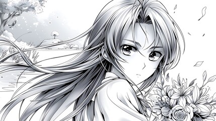 Fototapeta premium Create an anime coloring book page featuring a young girl with long flowing hair, holding a bouquet of flowers in a beautiful garden. The background should be detailed with trees and a small pond,