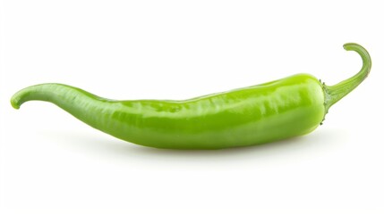 This image depicts a close-up view of a single, vibrant green chili pepper placed against a white background, showcasing its shiny skin and fresh appearance.