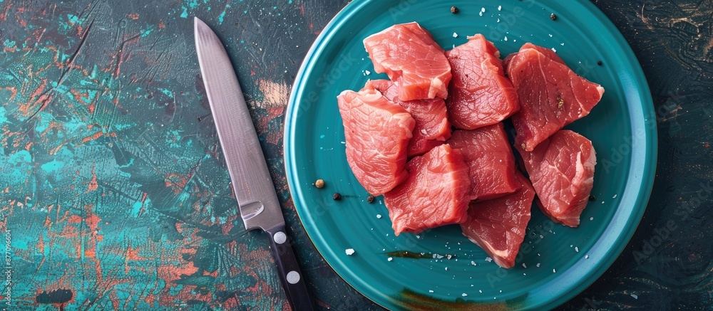 Leinwandbilder outdoor image showing raw meat and a kitchen knife arranged on a vibrant plate with a background sui