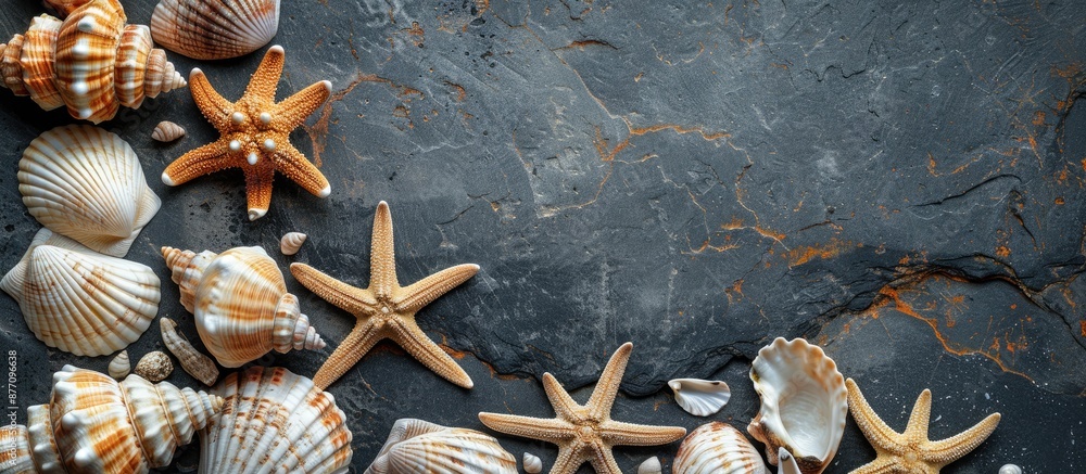 Fototapete seashells and starfish frame a stone background with a slate area for text or images. perfect for a 