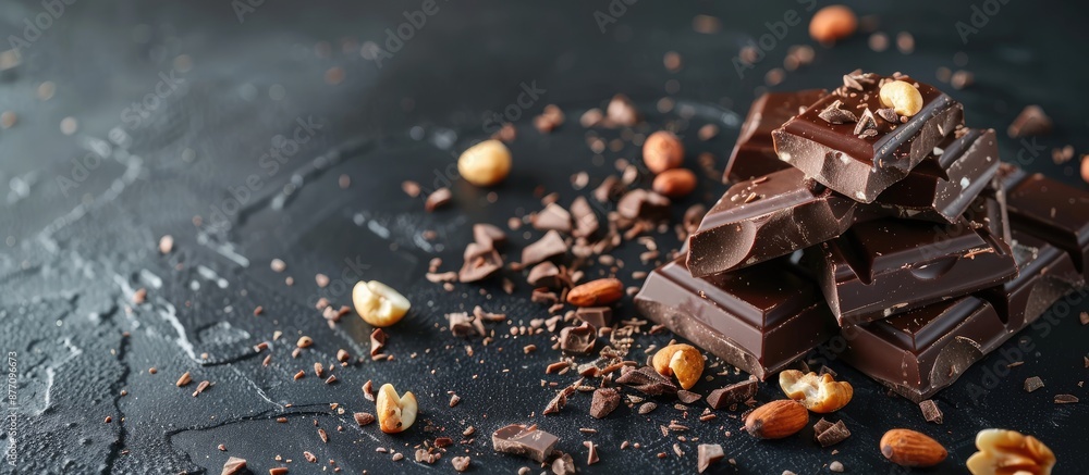 Aufkleber close-up of a pile of dark chocolate with nut pieces on a black surface with a cup of cacao and a co