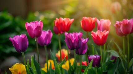 Fototapeta premium A beautifully captured scene of a garden with vibrant, multicolored tulips blooming under the warm sunlight. The tulips display various shades of pink, purple, red, and yellow.