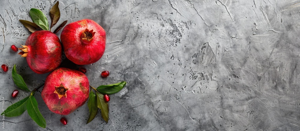 Poster A banner with copy space image featuring a ripe pomegranate fruit with green leaves against a grey concrete background is displayed.