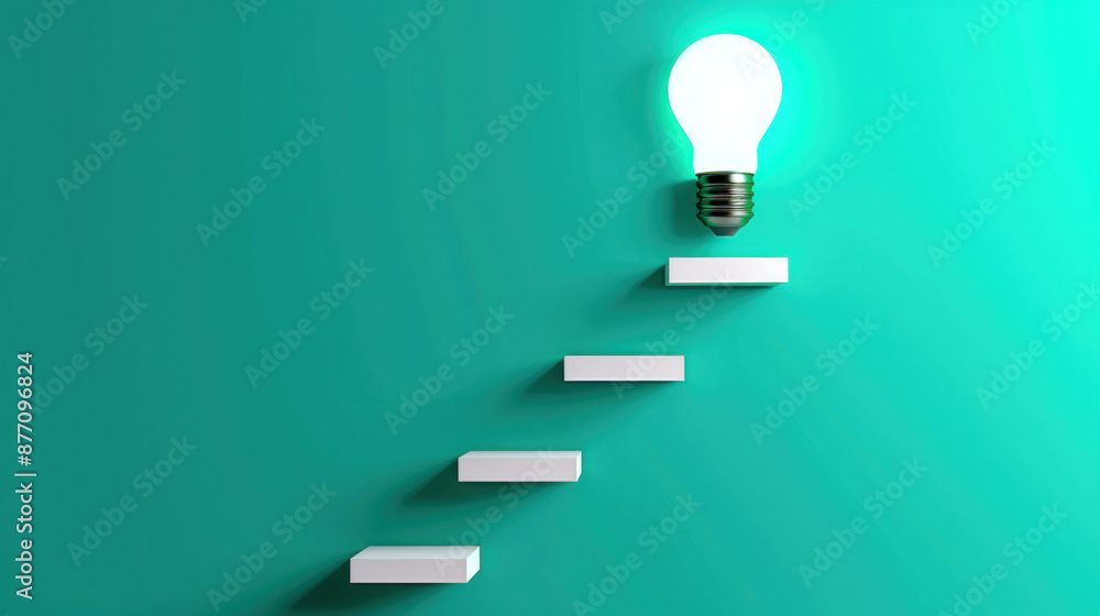 Poster a light bulb is lit up on a green wall with white steps. the light bulb is the focus of the image, a