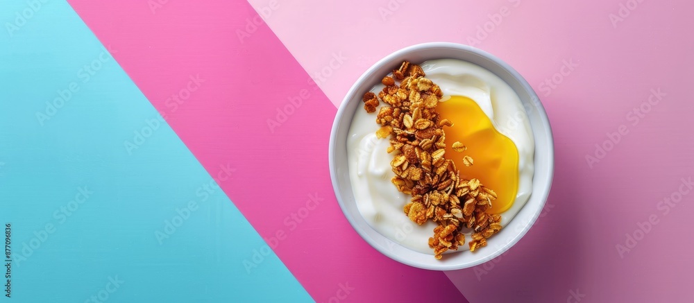 Poster Granola and yogurt in a bowl on a colorful backdrop, with space for adding your own image.