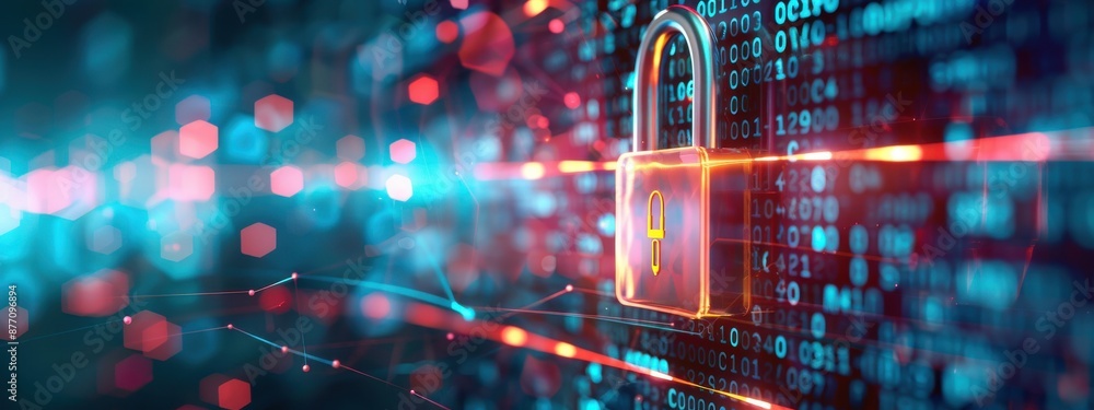 Poster secure communication, holographic encryption interface, futuristic data transfer, dark background