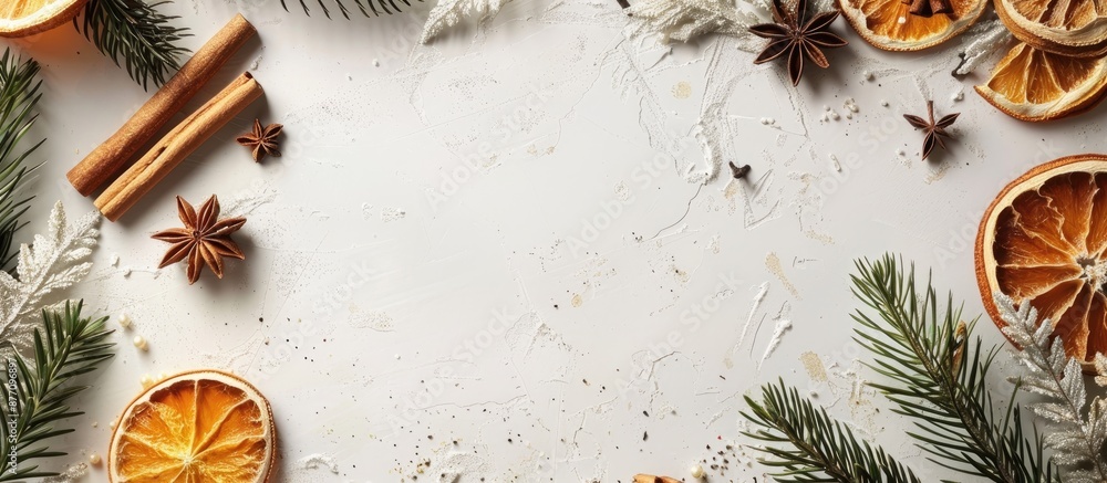 Poster A Christmas-themed frame consisting of dried oranges, spices, cinnamon sticks, and coniferous branches on a white surface with ample copy space for text or images.