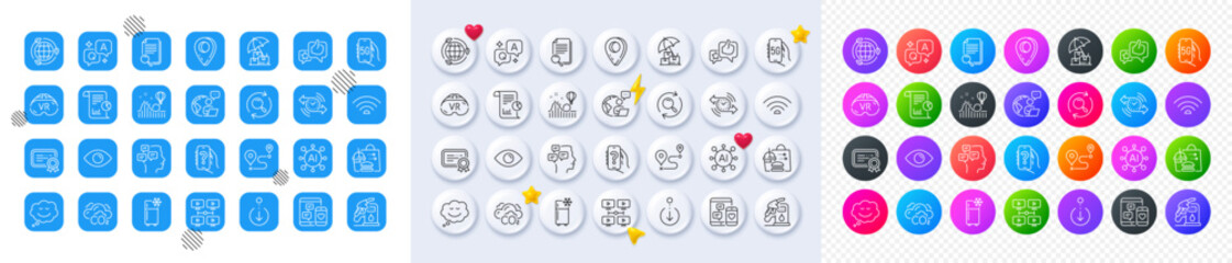 Outsource work, Roller coaster and Certificate line icons. Square, Gradient, Pin 3d buttons. AI, QA and map pin icons. Pack of Help app, 5g internet, Petrol station icon. Vector