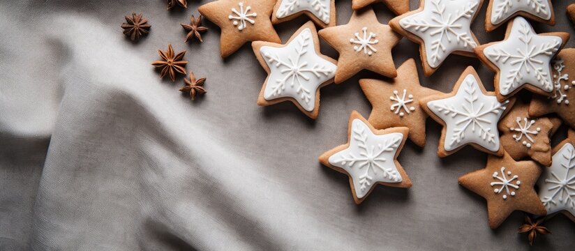 Star-shaped gingerbread cookies with royal icing decoration on a linen backdrop, ideal for the holiday season with a suitable copy space image.