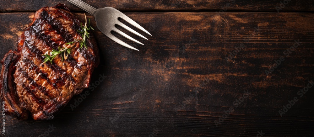Aufkleber A top-down view of a fork holding a grilled ribeye beef steak on an aged table with a blank space for your text in the image